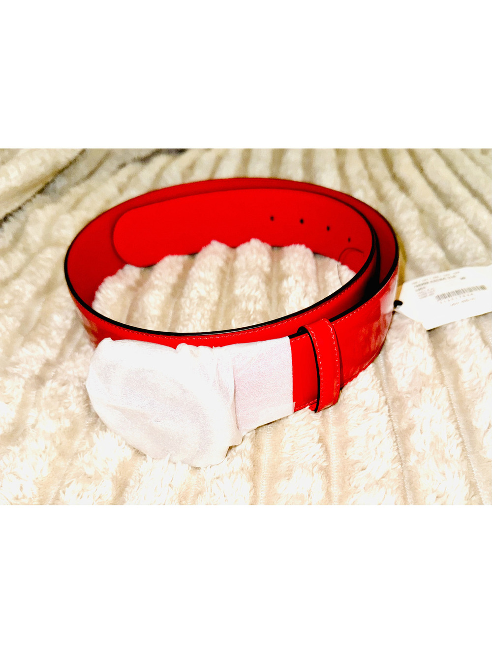 NIB Gucci Red interlocking silver tone double G patent leather belt; size 90
